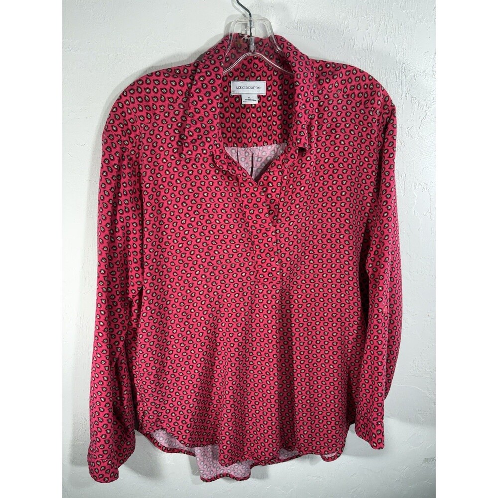 Liz Claiborne Red Paisley Size XL Womans Long Sleeve Collared Blouse 100% Rayon